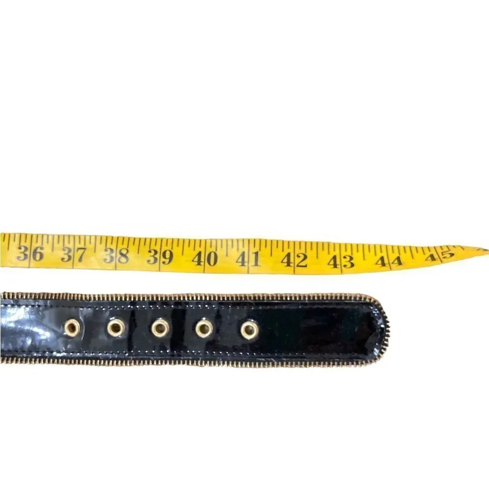 Vtg 90’s vegan black patent leather zipper edge belt gold tone buckle medium
